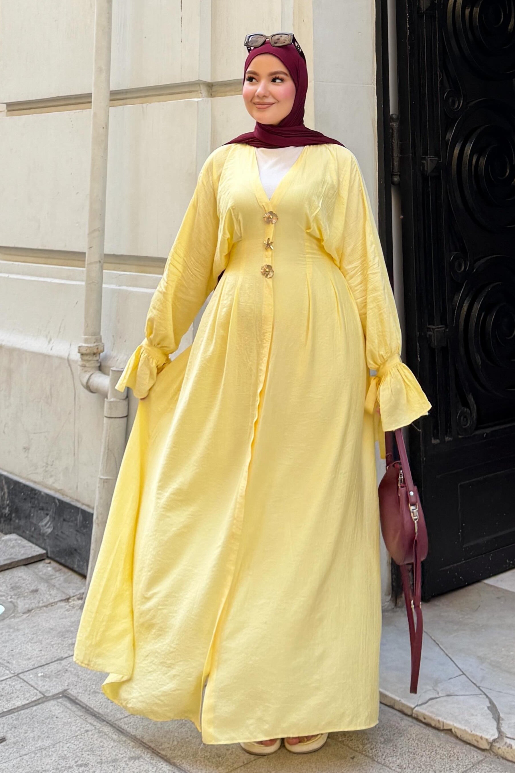 Amina V Neck Button Flare Cuff Maxi Abaya