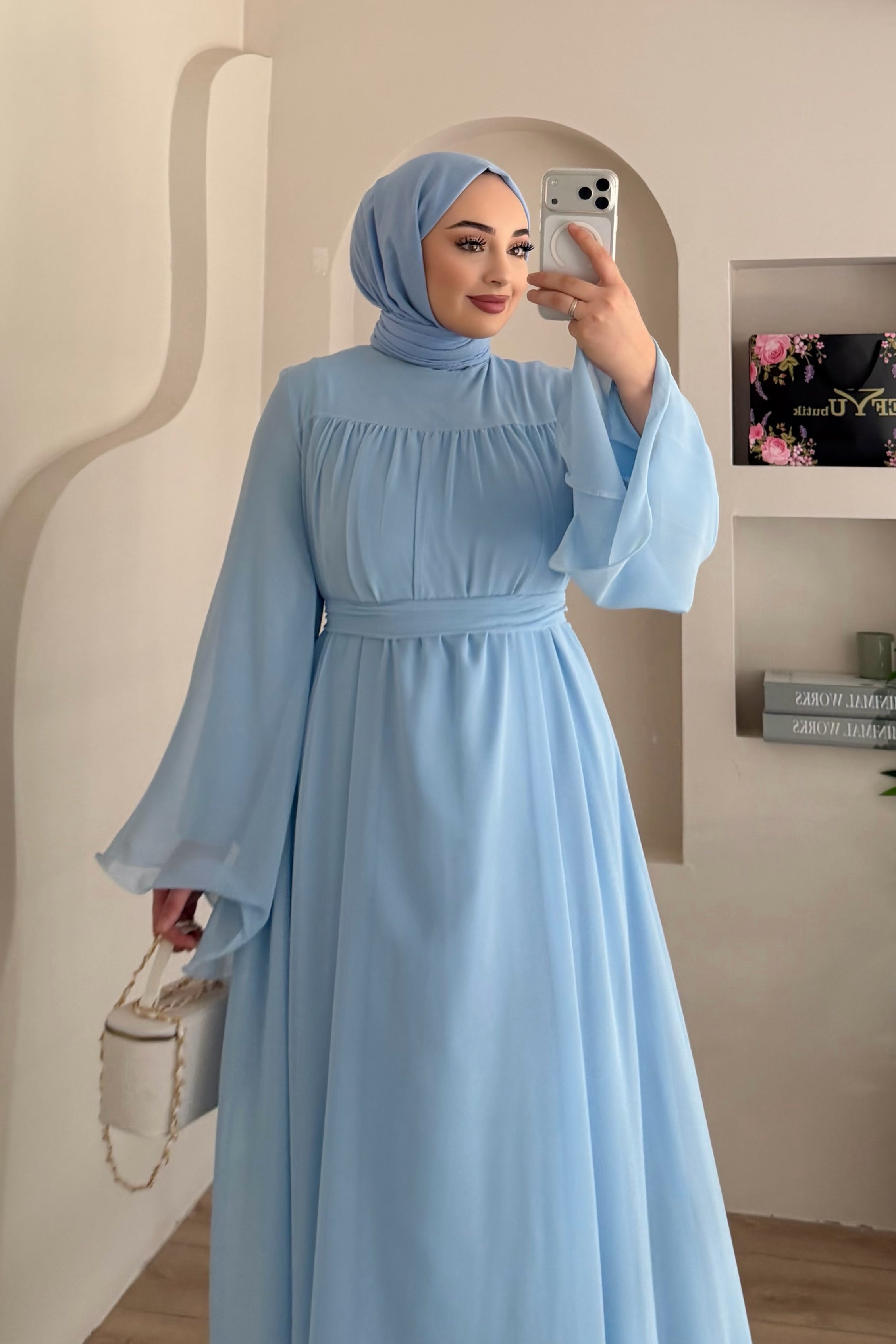 Mia Gathered Chiffon Belted Flare Maxi Dress-Blue