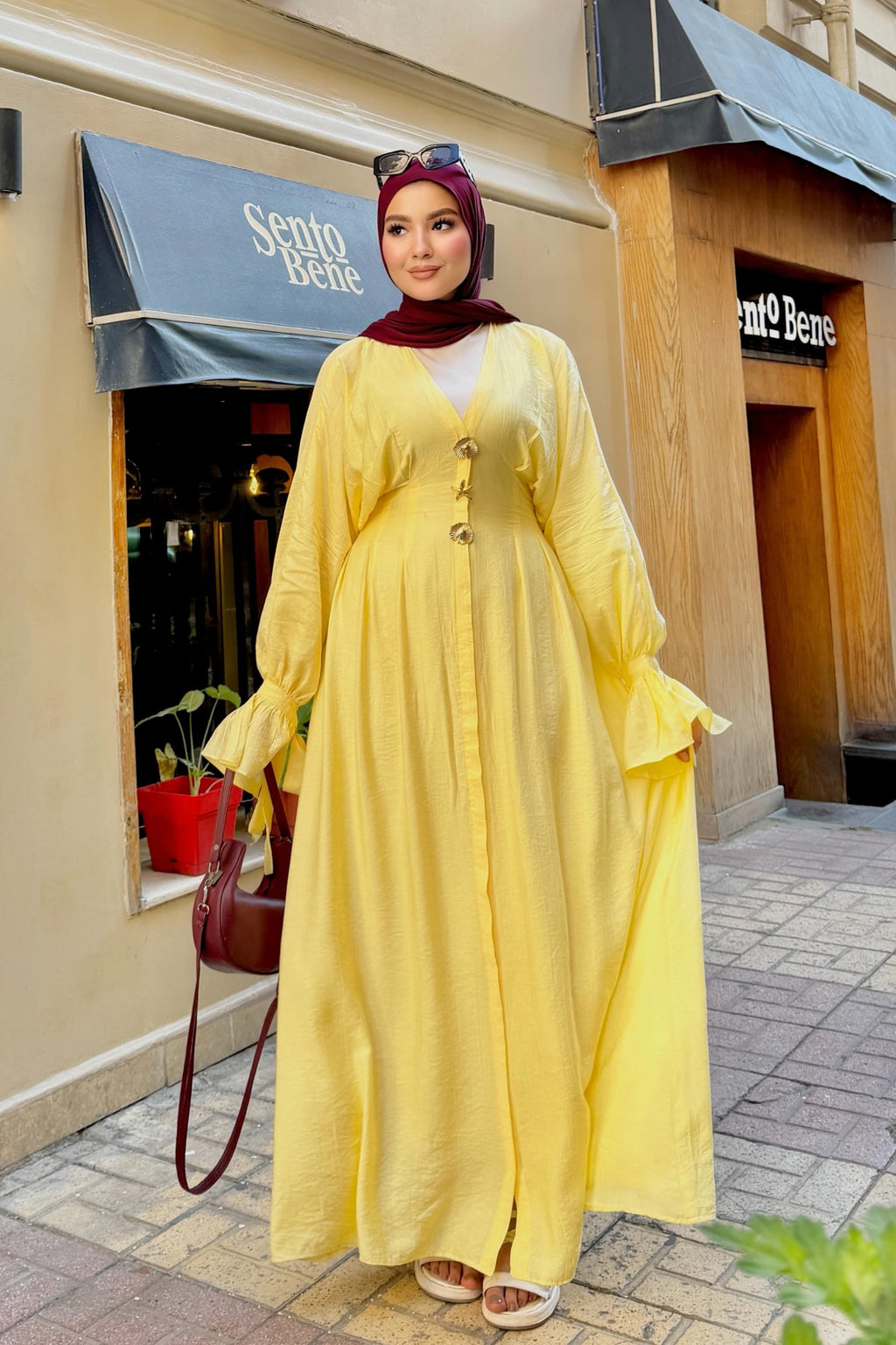 Amina V Neck Button Flare Cuff Maxi Abaya