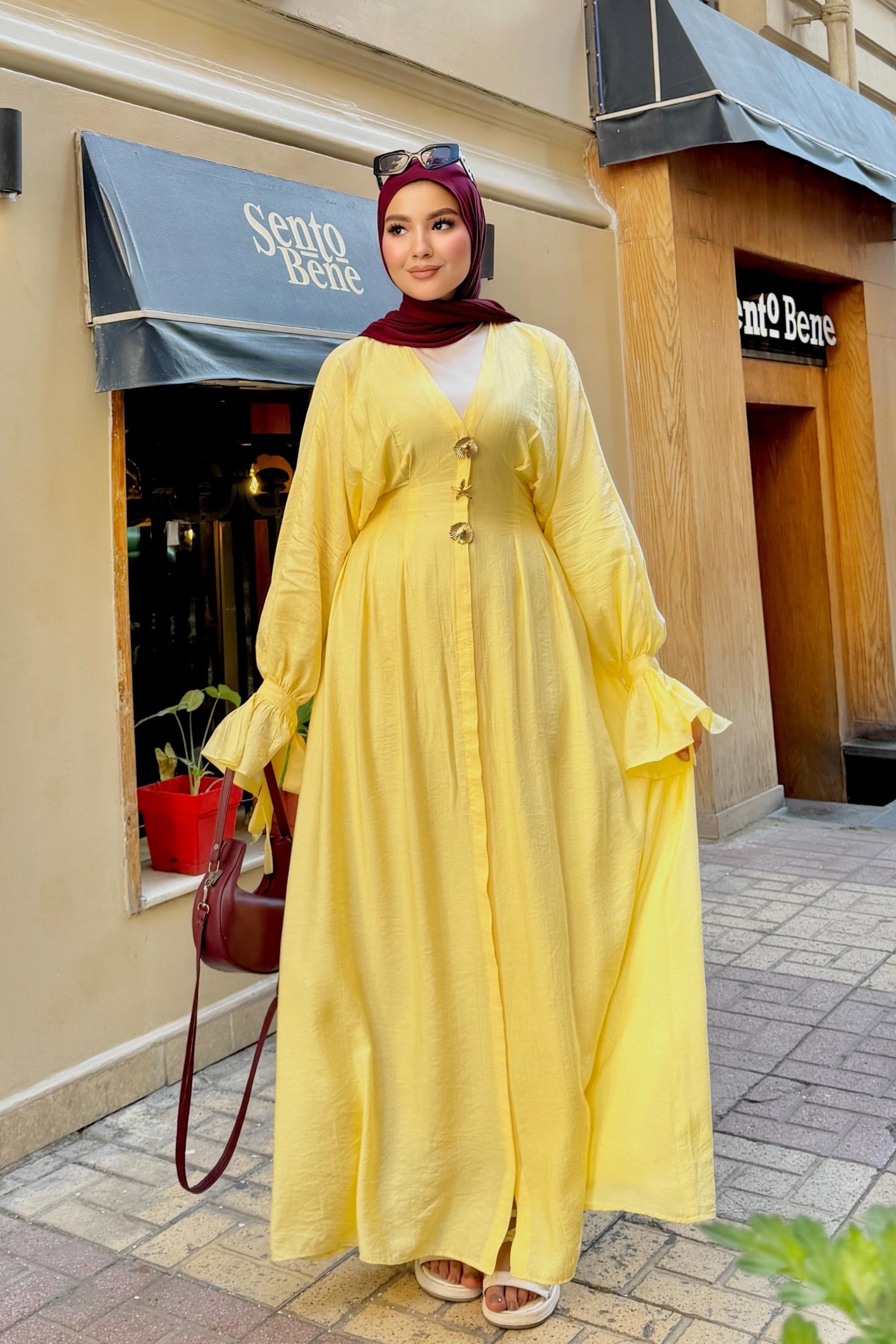 Amina V Neck Button Flare Cuff Maxi Abaya