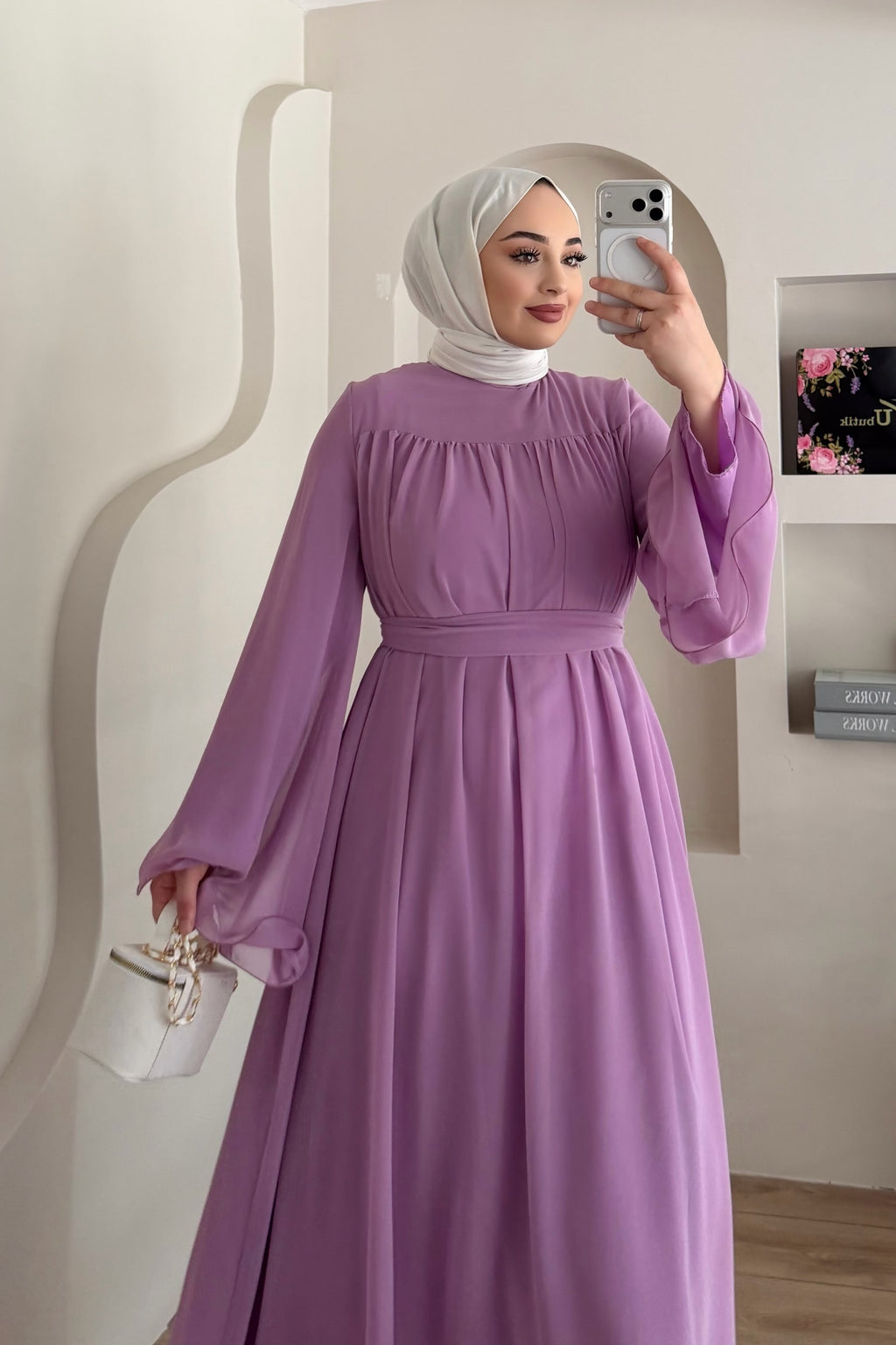 Mia Gathered Chiffon Belted Flare Maxi Dress-Purple