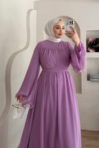 Mia Gathered Chiffon Belted Flare Maxi Dress-Purple