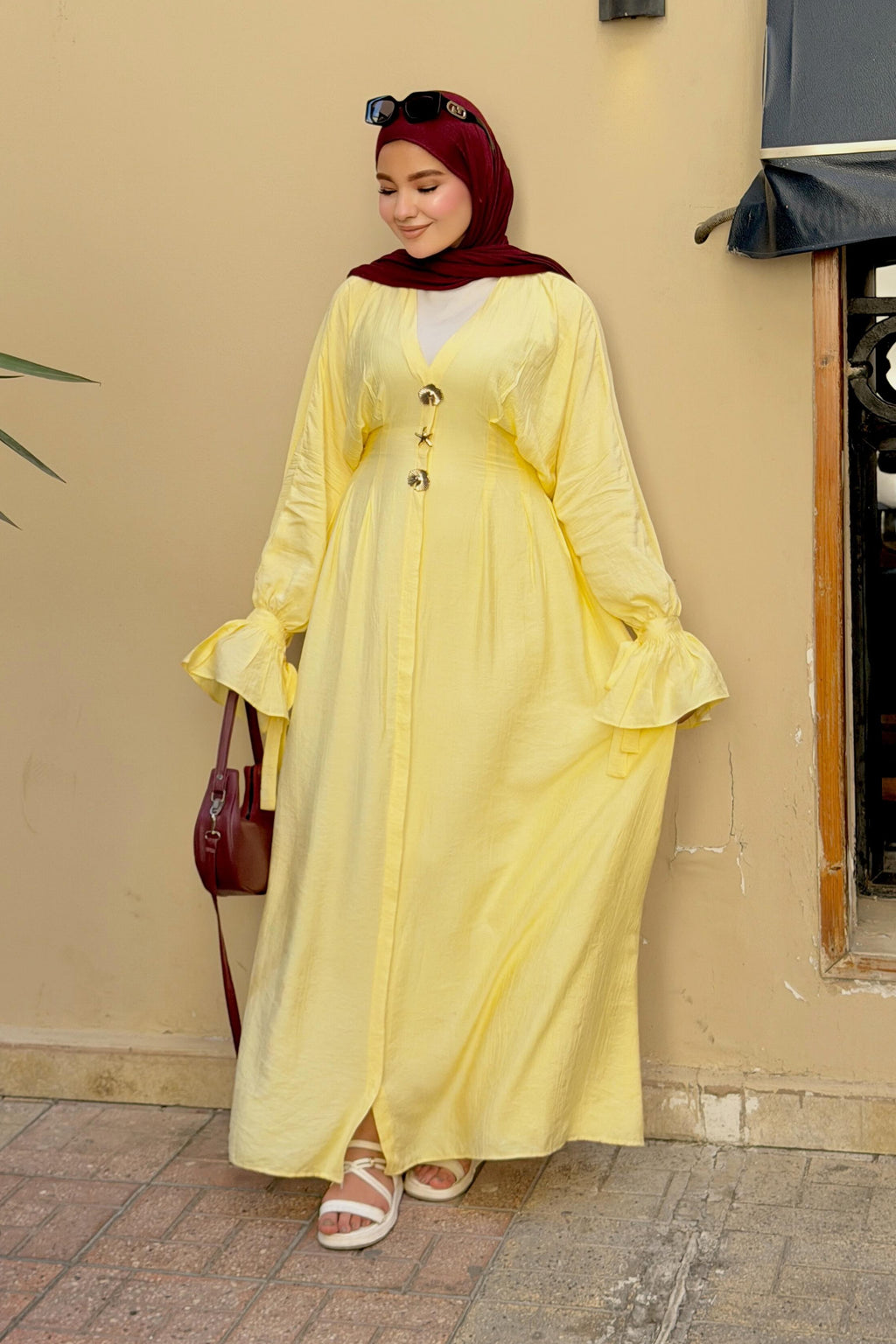 Amina V Neck Button Flare Cuff Maxi Abaya