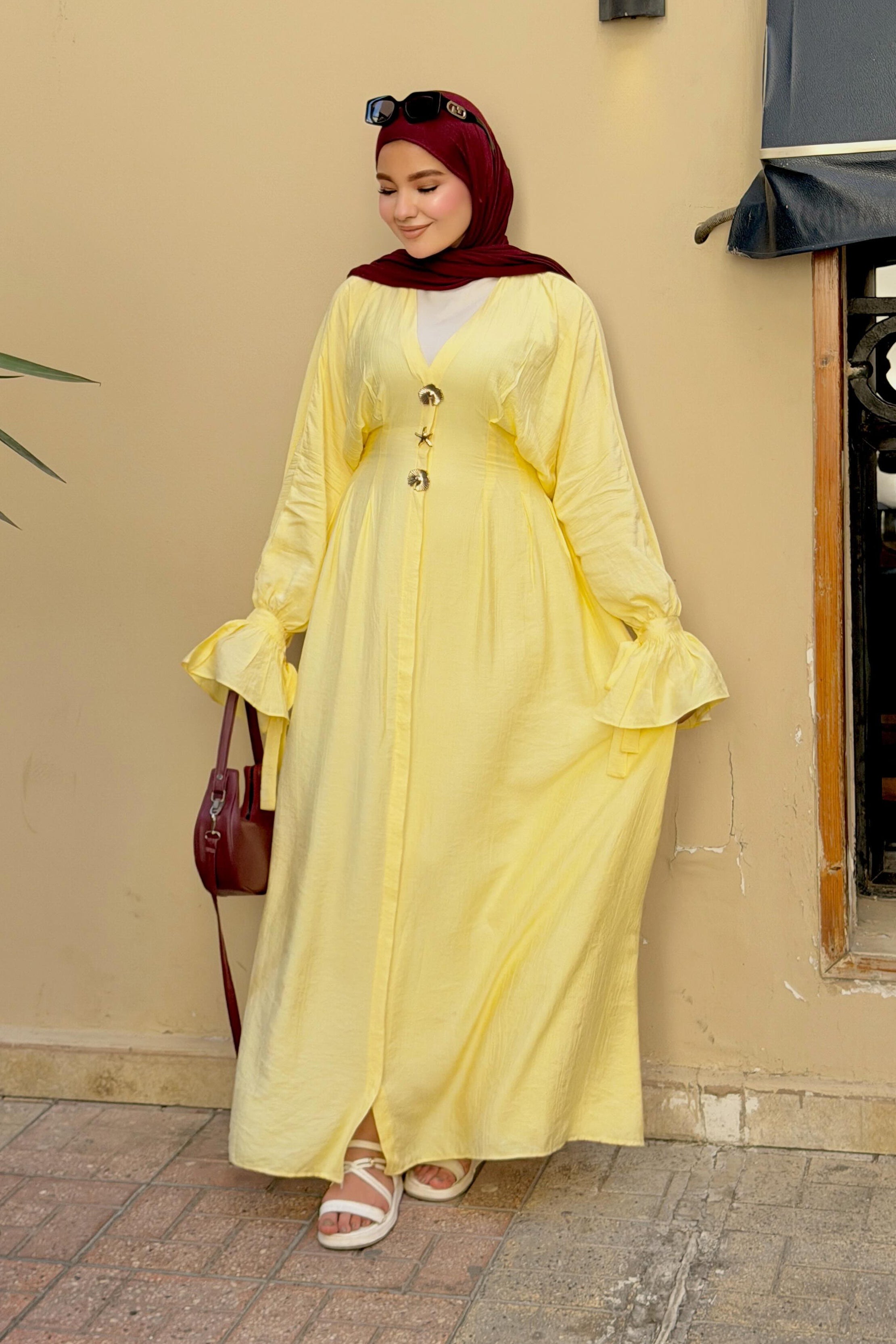 Amina V Neck Button Flare Cuff Maxi Abaya