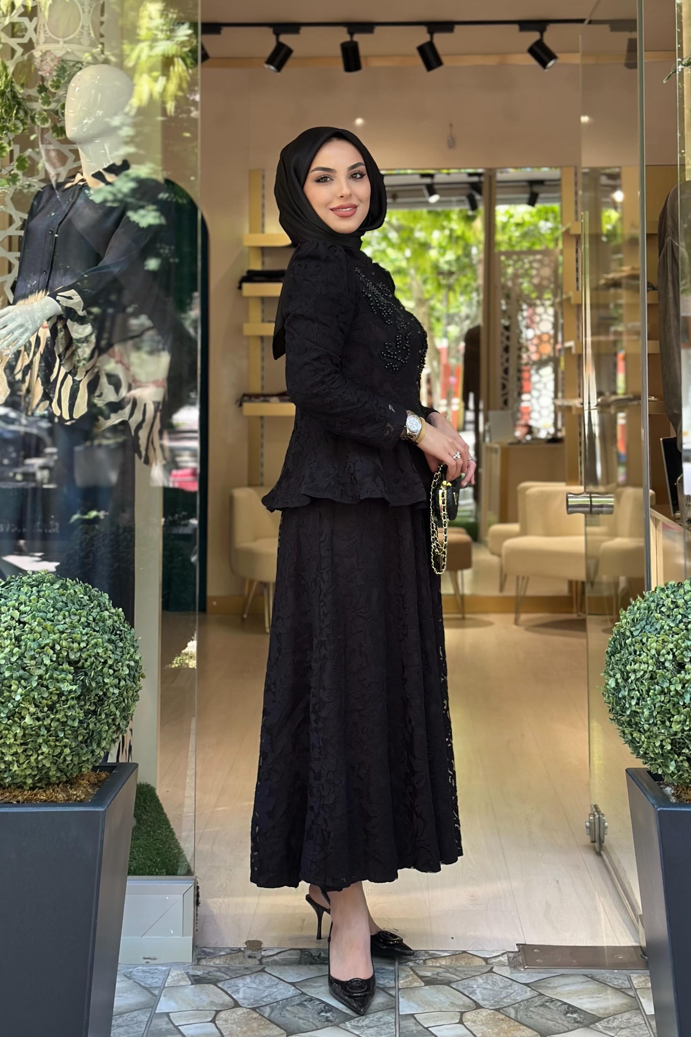 Vera Beaded Lace Peplum Two Piece Suit