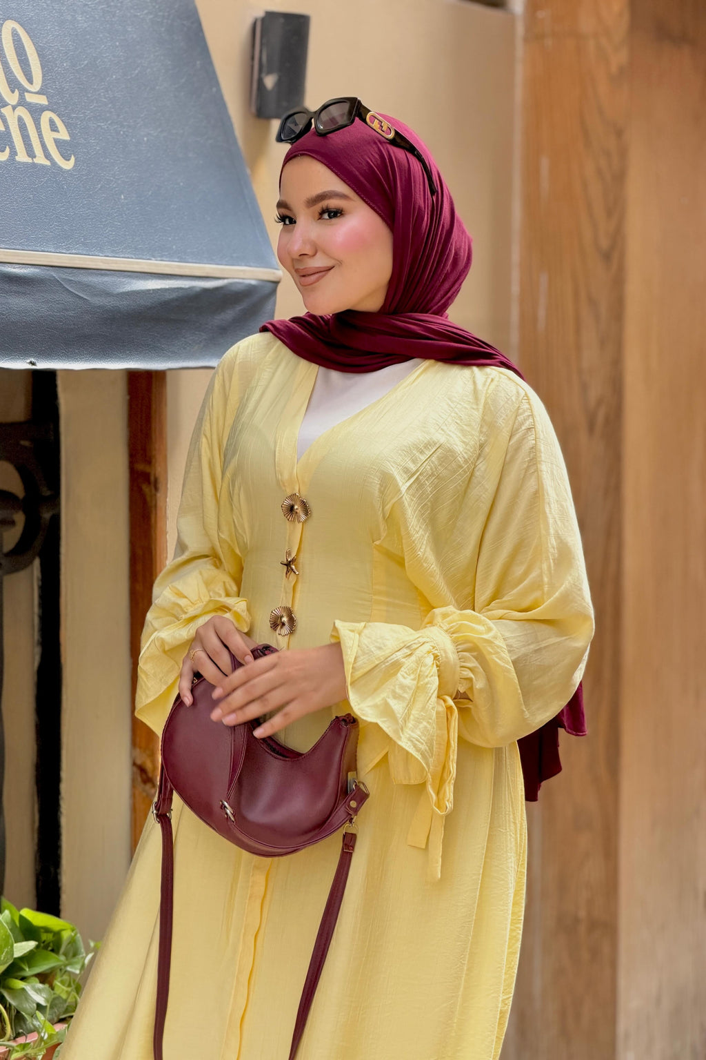 Amina V Neck Button Flare Cuff Maxi Abaya