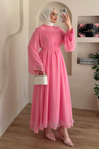 Mia Gathered Chiffon Belted Flare Maxi Dress-Pink