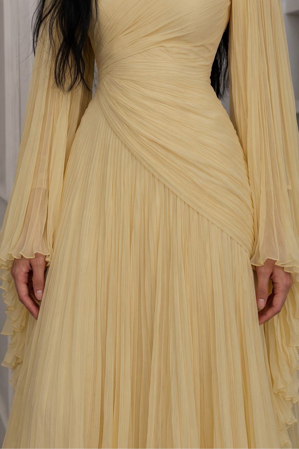Elara High Neck Ruched Pleated Maxi-Yellow