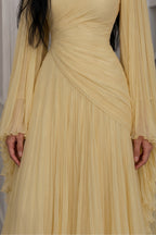Elara High Neck Ruched Pleated Maxi-Yellow