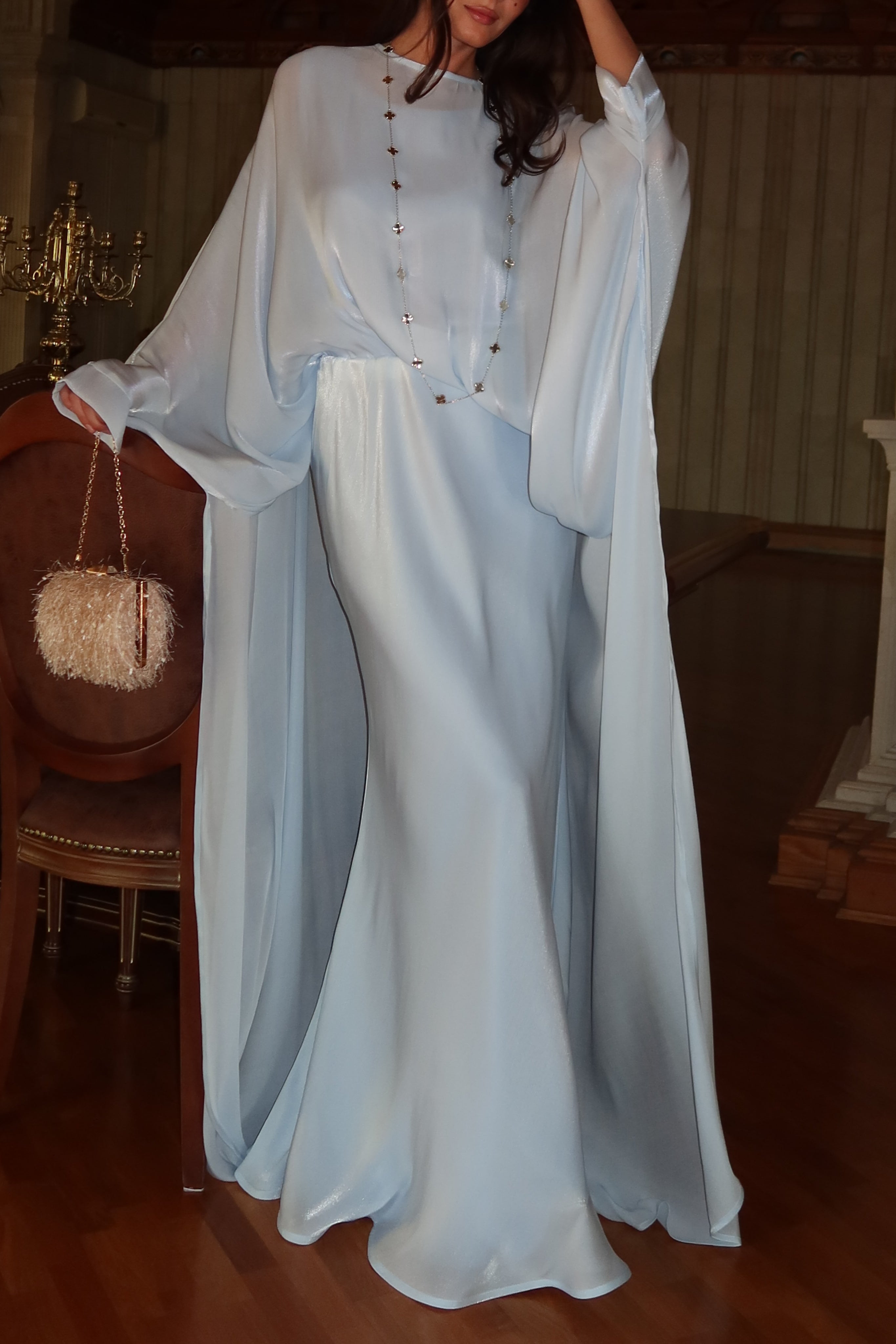 Lina Satin Cape Sleeve Flowy Maxi Abaya-Blue