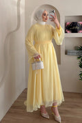 Mia Gathered Chiffon Belted Flare Maxi Dress-Yellow