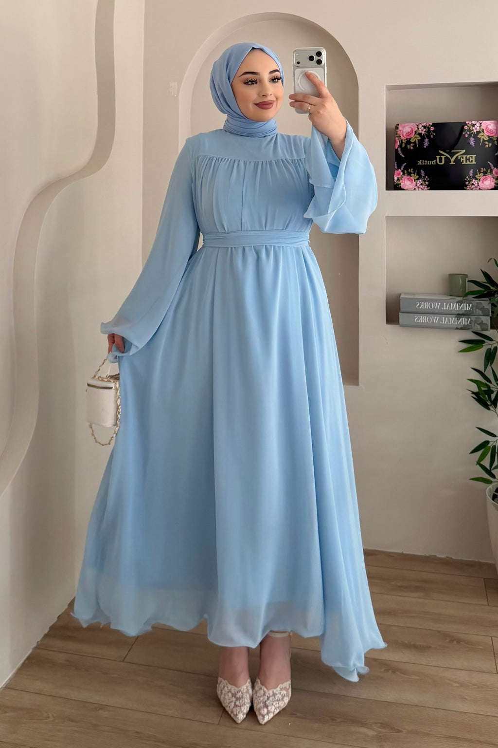 Mia Gathered Chiffon Belted Flare Maxi Dress-Blue