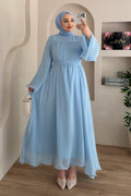 Mia Gathered Chiffon Belted Flare Maxi Dress-Blue