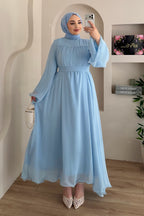 Mia Gathered Chiffon Belted Flare Maxi Dress-Blue