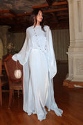 Lina Satin Cape Sleeve Flowy Maxi Abaya-Blue