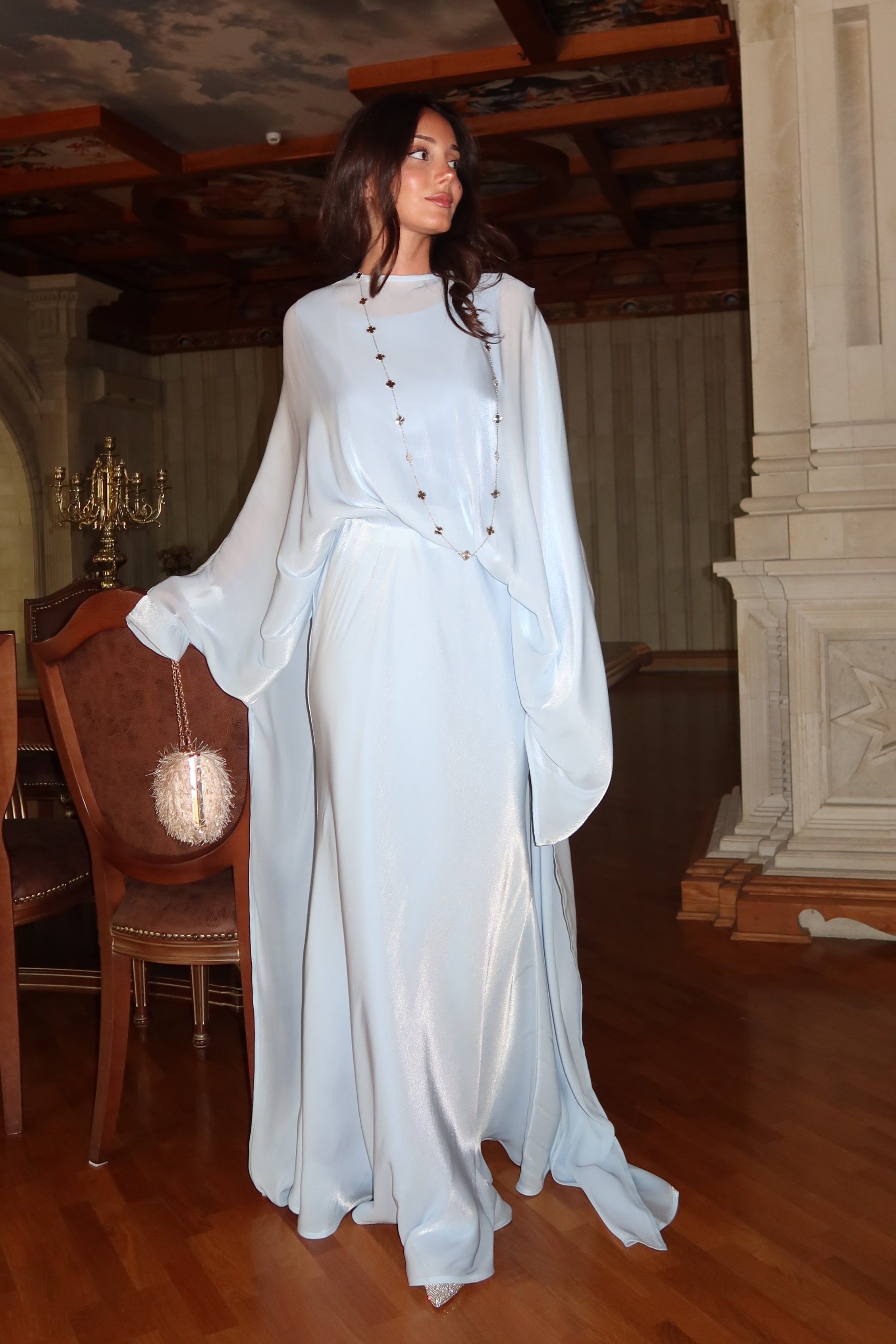 Lina Satin Cape Sleeve Flowy Maxi Abaya-Blue