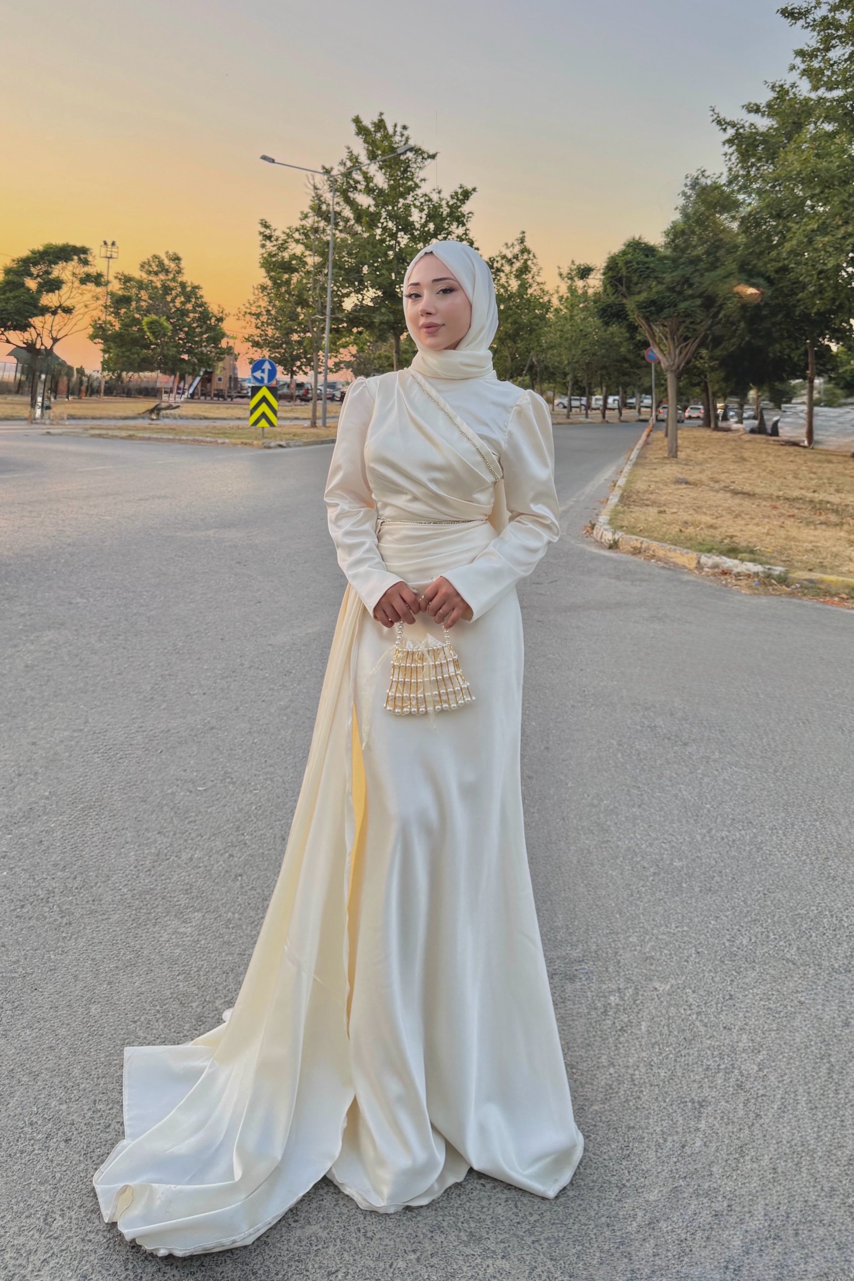 Zahra Ruched Satin Train Maxi Abaya Gown