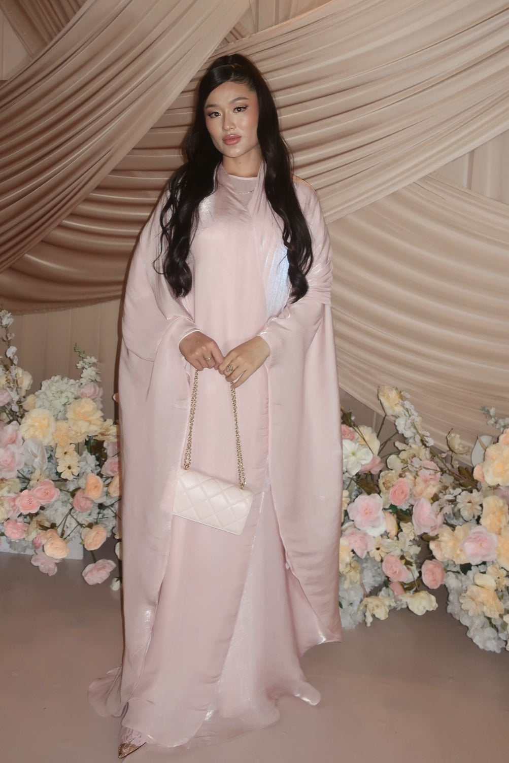 Dania Open Front Flowy Cape Satin Maxi Dress