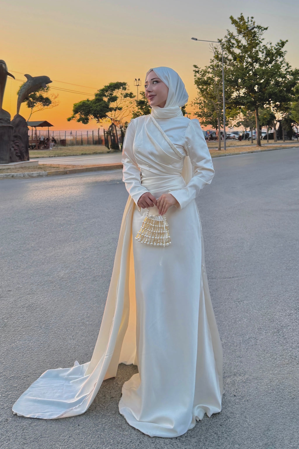 Zahra Ruched Satin Train Maxi Abaya Gown