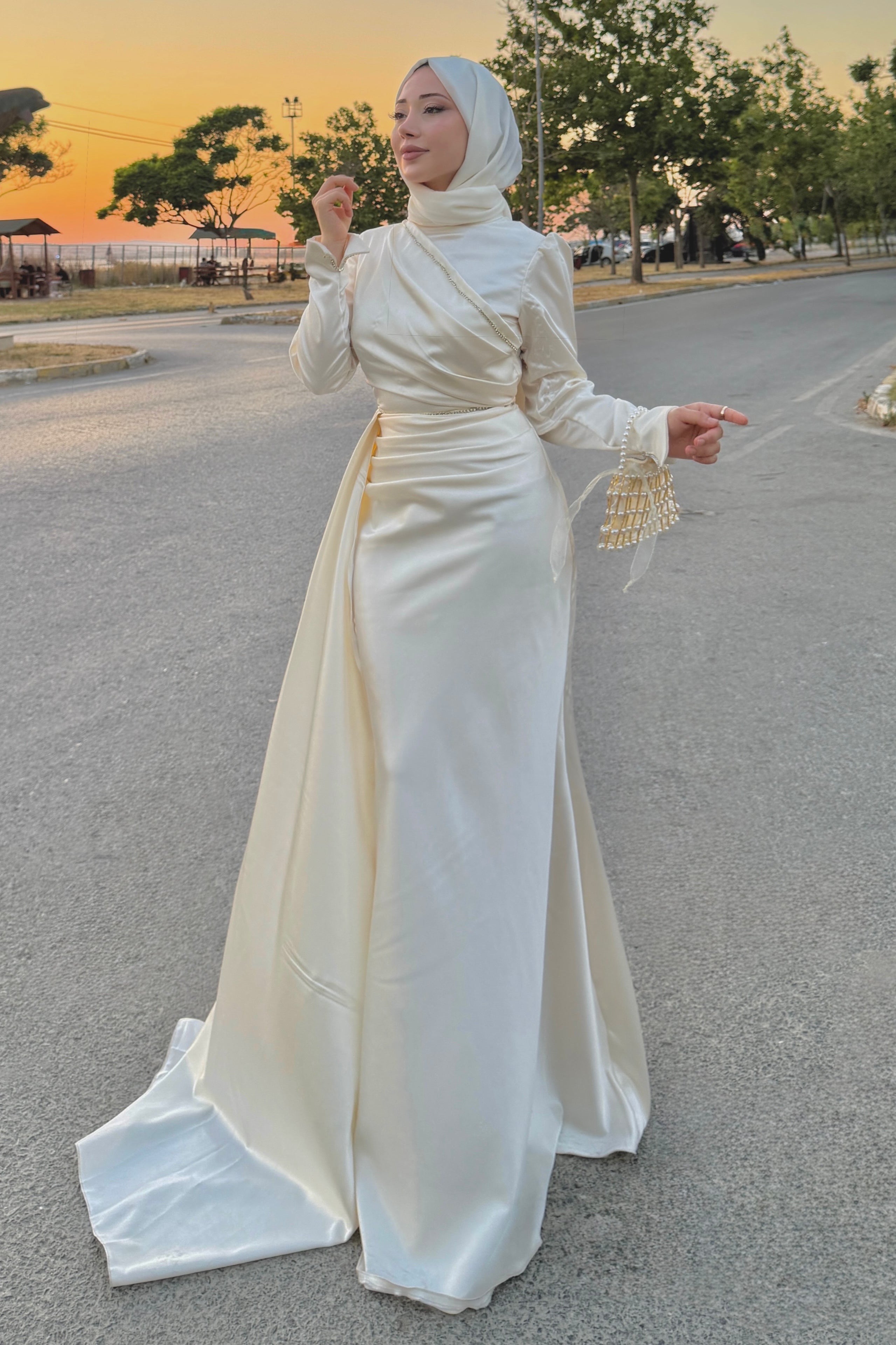Zahra Ruched Satin Train Maxi Abaya Gown
