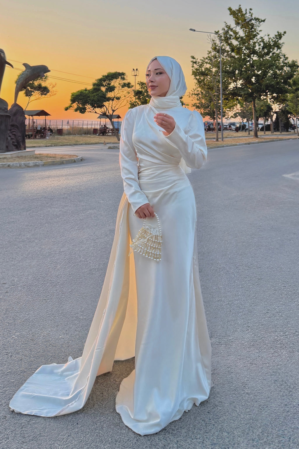 Zahra Ruched Satin Train Maxi Abaya Gown