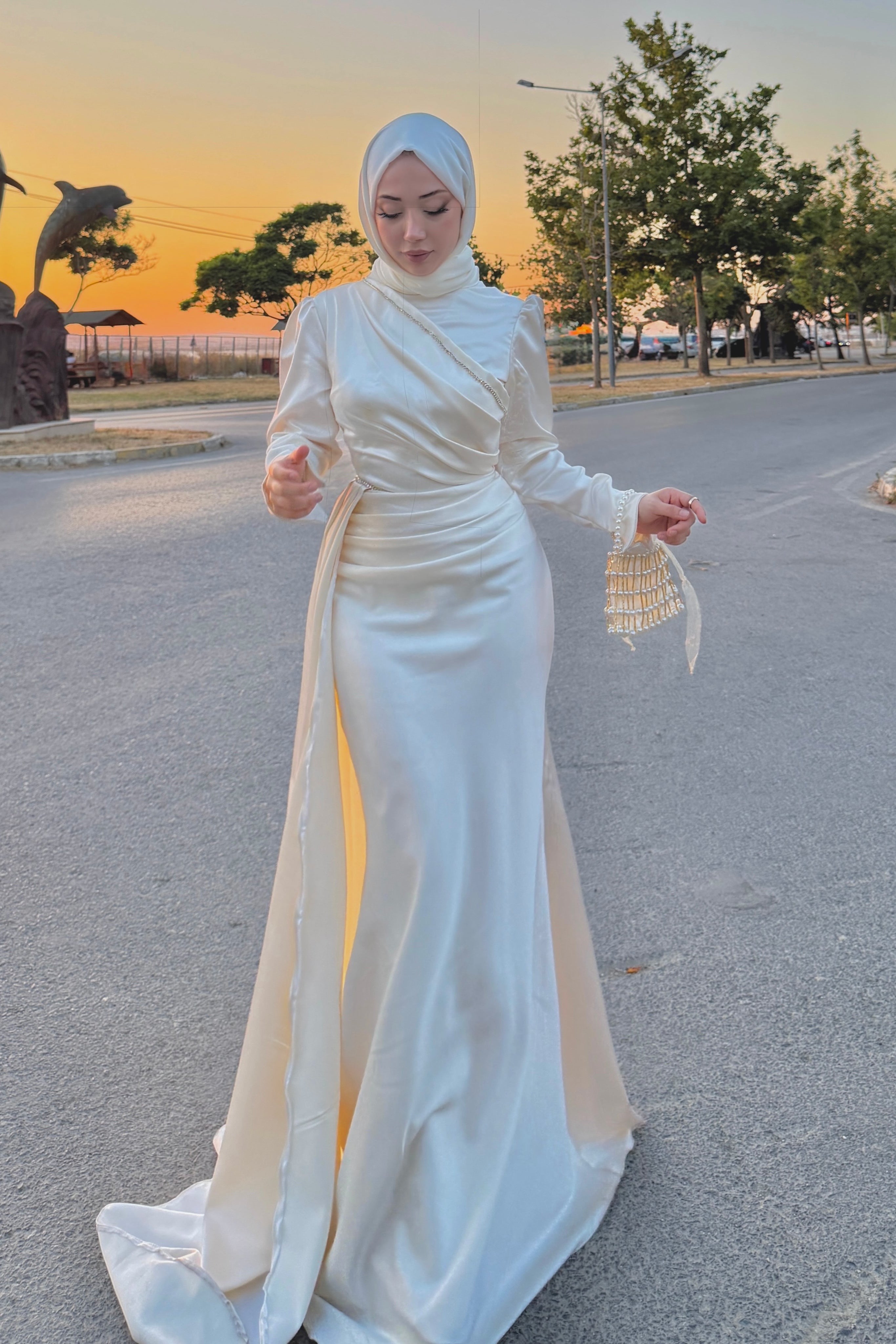 Zahra Ruched Satin Train Maxi Abaya Gown