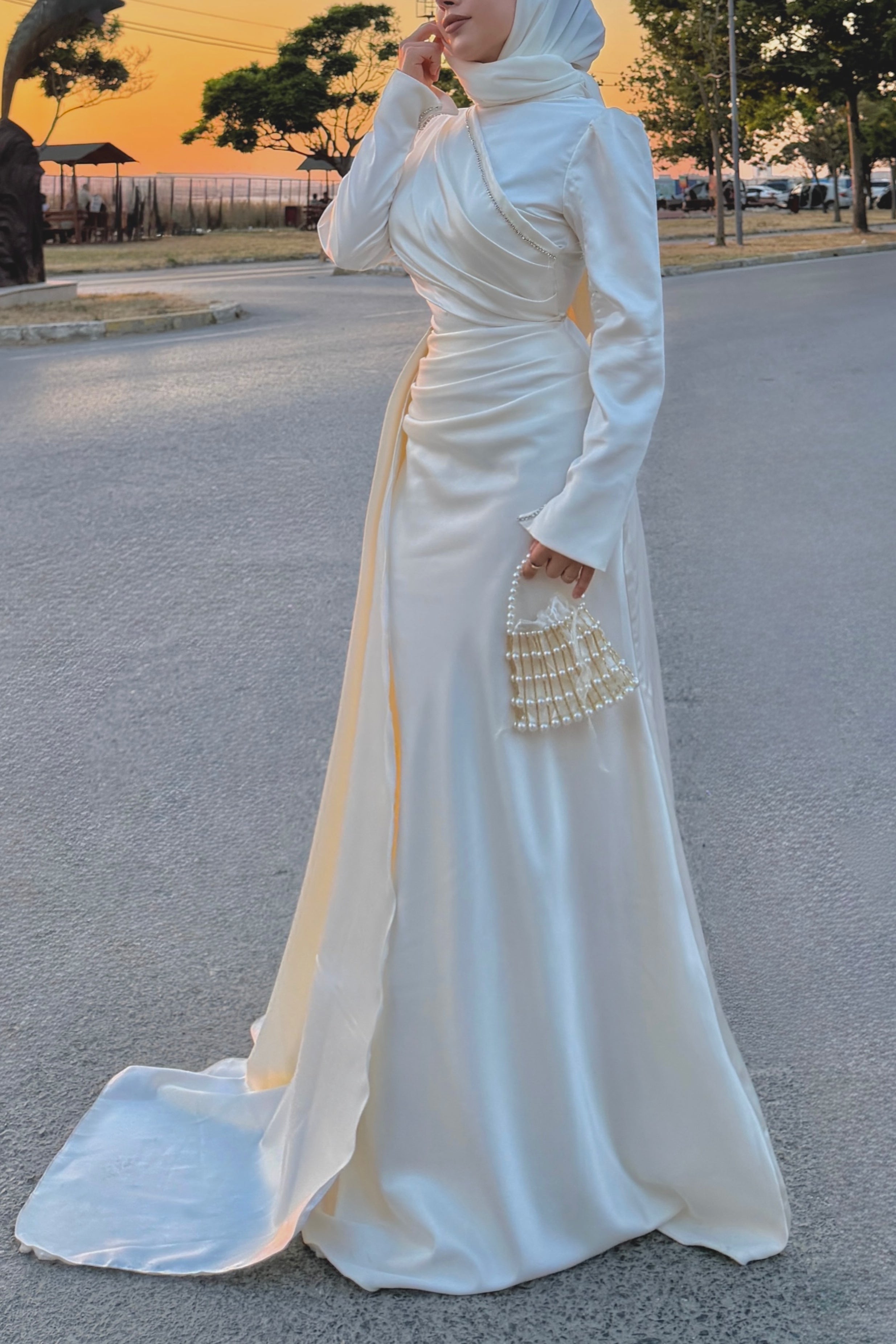 Zahra Ruched Satin Train Maxi Abaya Gown