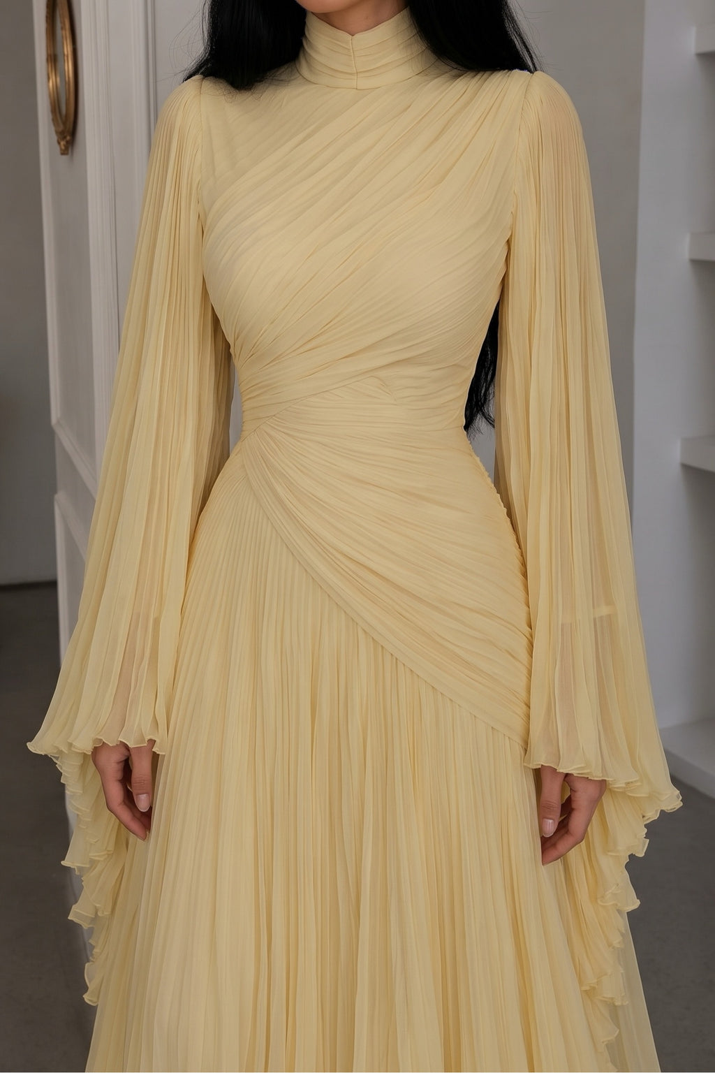 Elara High Neck Ruched Pleated Maxi-Yellow