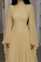 Elara High Neck Ruched Pleated Maxi-Yellow
