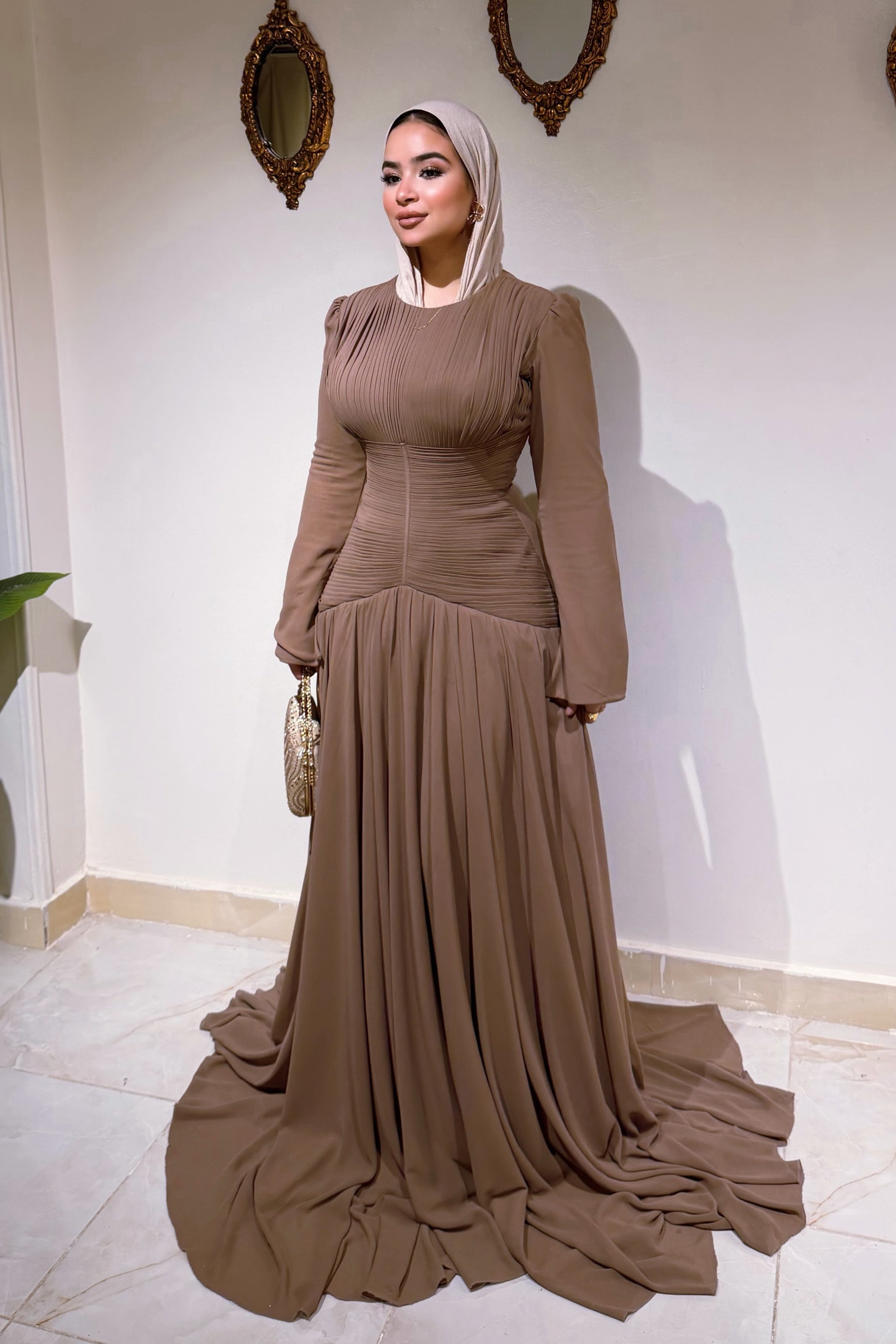Ayla Pleated Waist Train Maxi Dress
