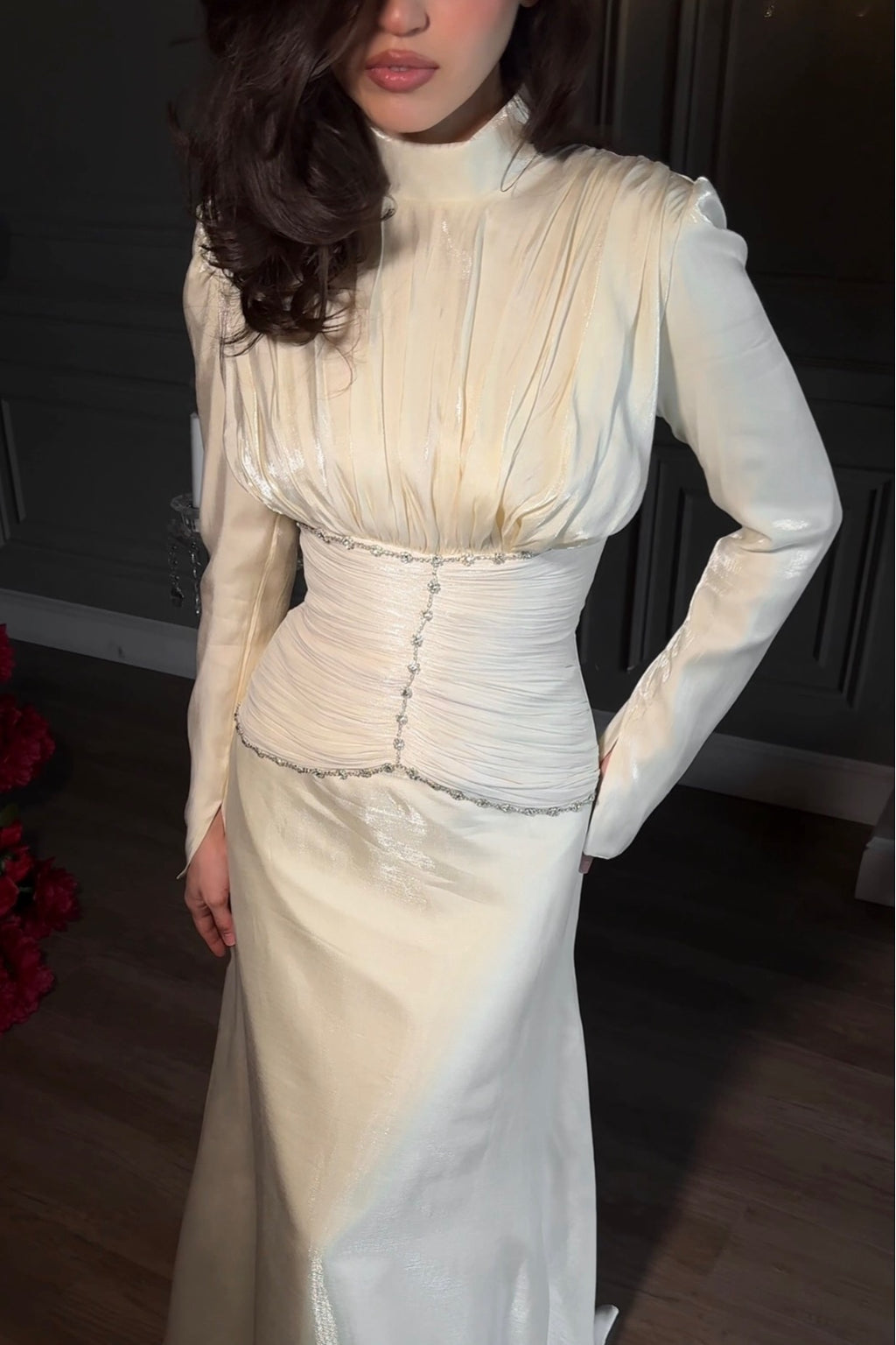 Elara Ruched Crystal Waist Flare Sleeve Maxi Gown