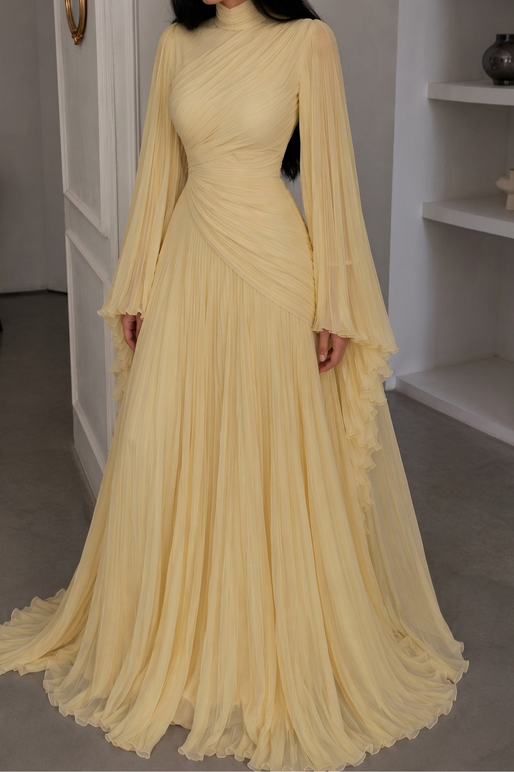 Elara High Neck Ruched Pleated Maxi-Yellow