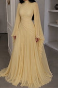 Elara High Neck Ruched Pleated Maxi-Yellow