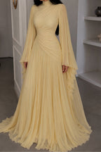 Elara High Neck Ruched Pleated Maxi-Yellow