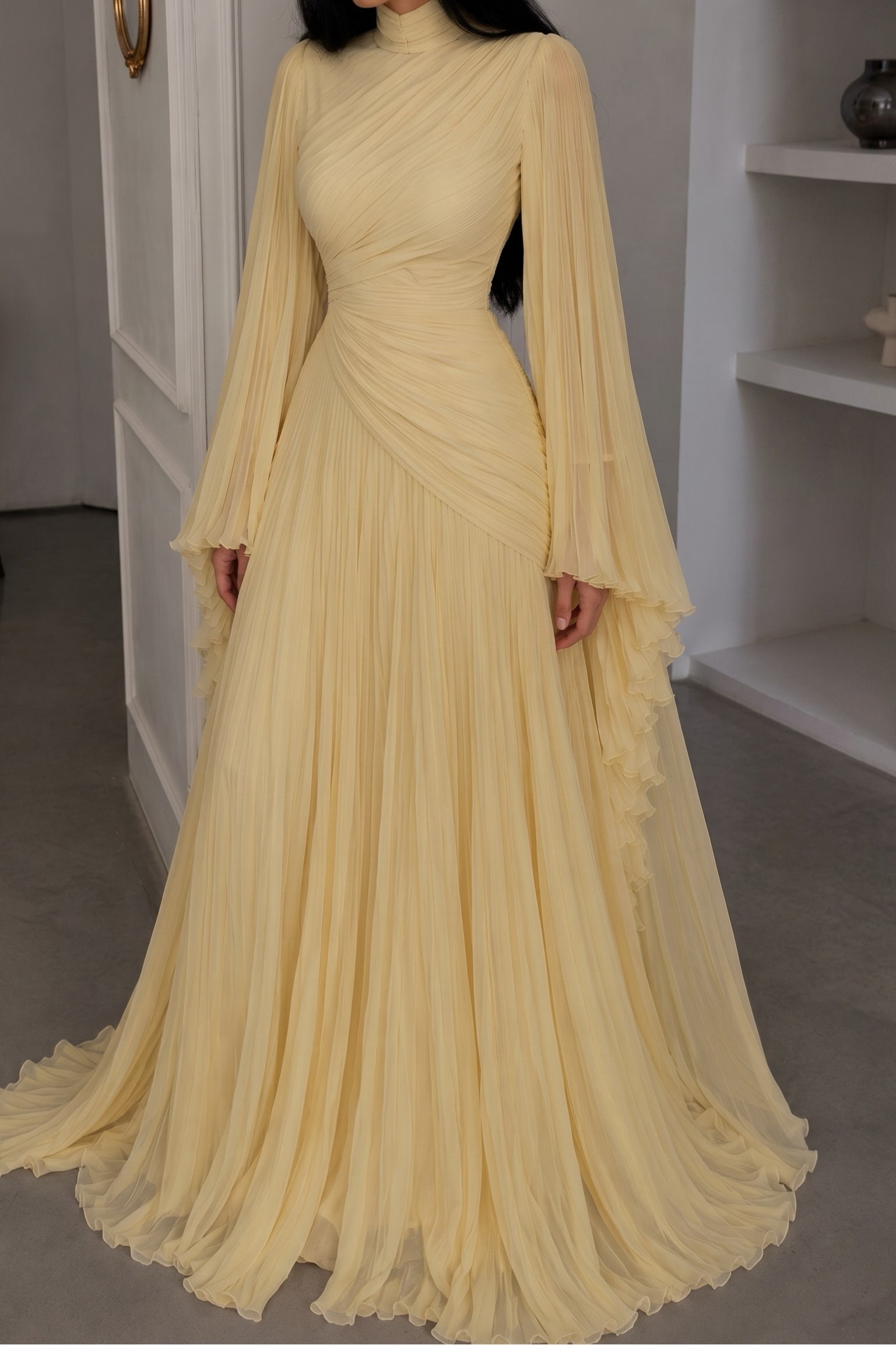 Elara High Neck Ruched Pleated Maxi-Yellow