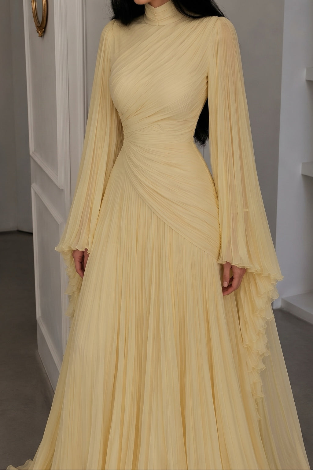 Elara High Neck Ruched Pleated Maxi-Yellow