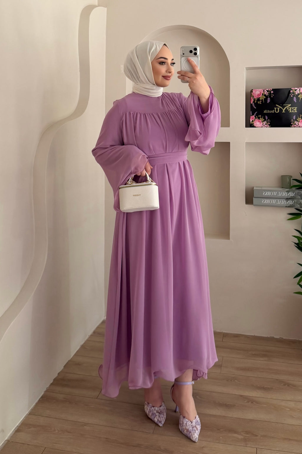 Mia Gathered Chiffon Belted Flare Maxi Dress-Purple