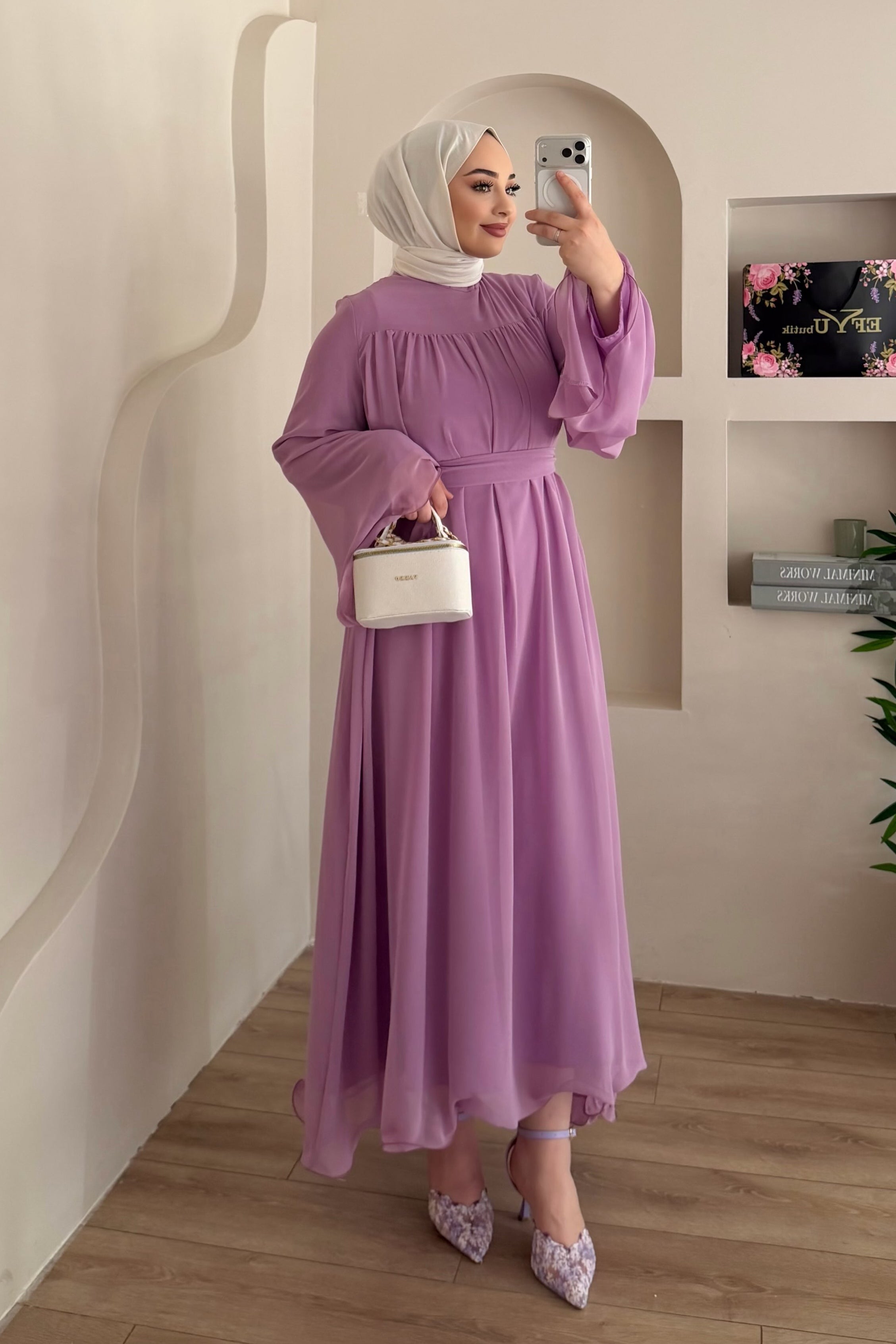 Mia Gathered Chiffon Belted Flare Maxi Dress-Purple