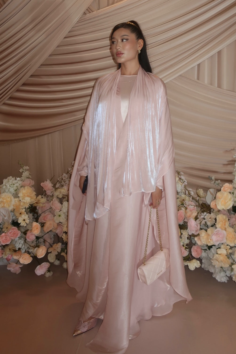 Dania Open Front Flowy Cape Satin Maxi Dress
