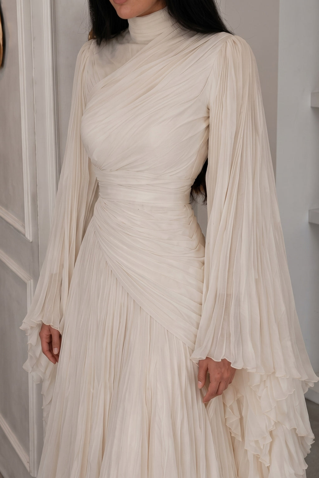 Elara High Neck Ruched Pleated Maxi-White