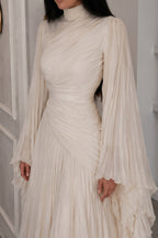 Elara High Neck Ruched Pleated Maxi-White