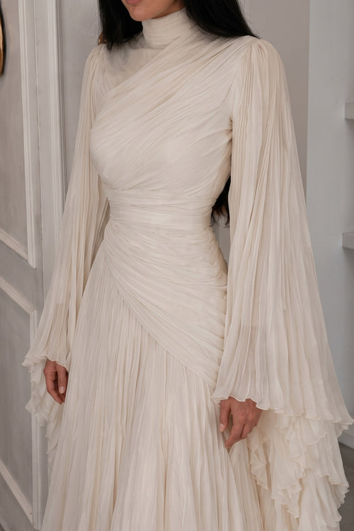 Elara High Neck Ruched Pleated Maxi-White