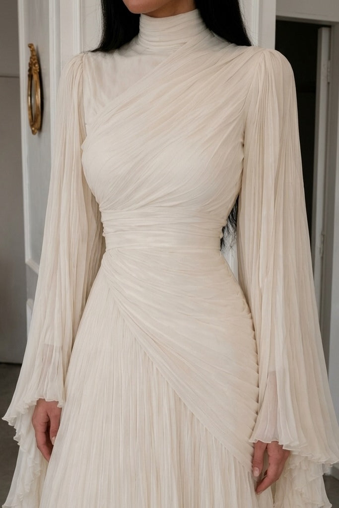Elara High Neck Ruched Pleated Maxi-White
