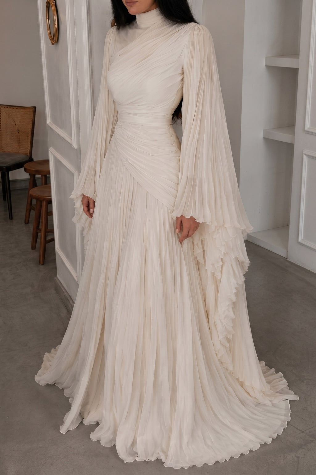Elara High Neck Ruched Pleated Maxi-White