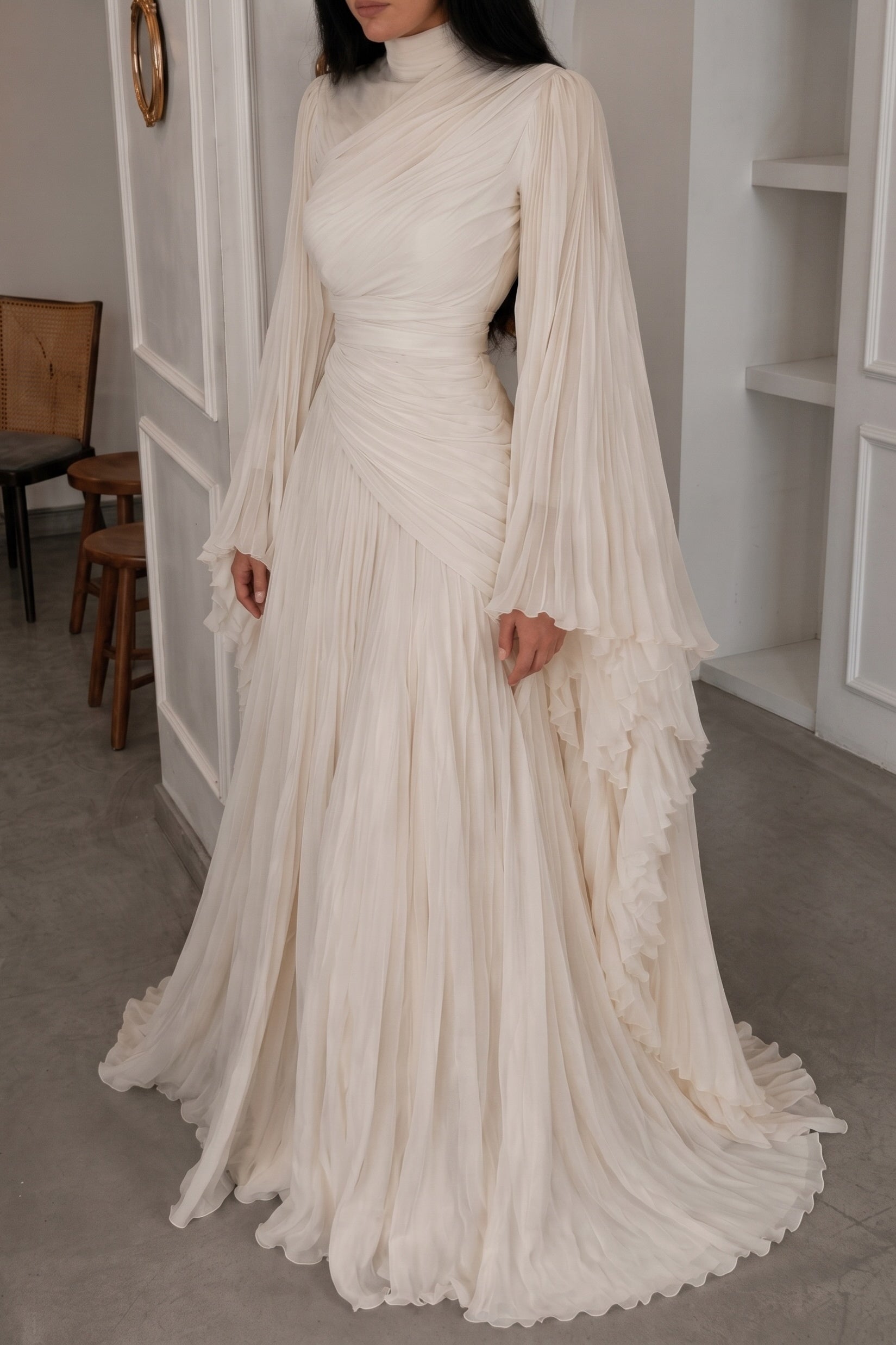 Elara High Neck Ruched Pleated Maxi-White