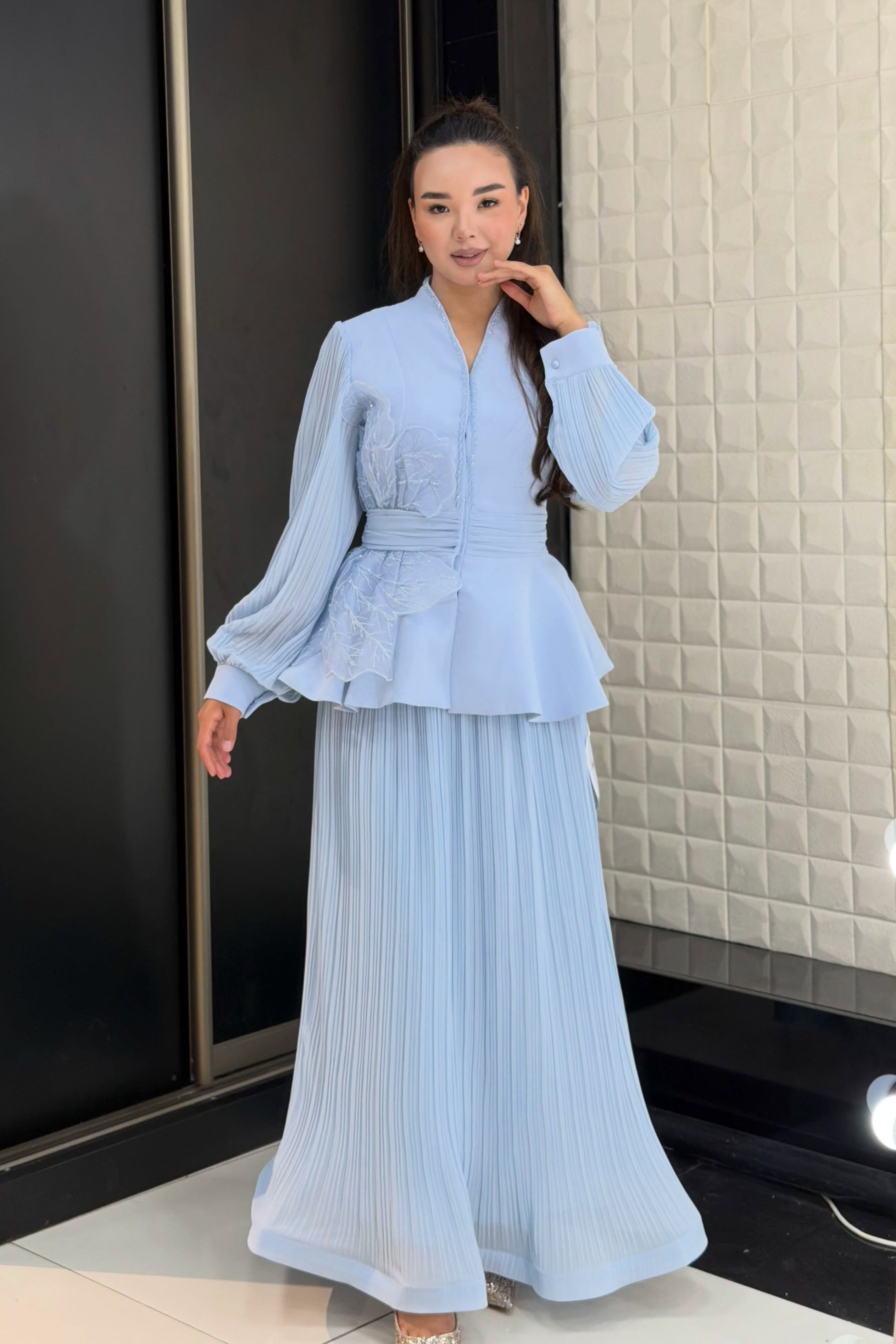 Elena Peplum Pleated Skirt Two Piece Set-Blue