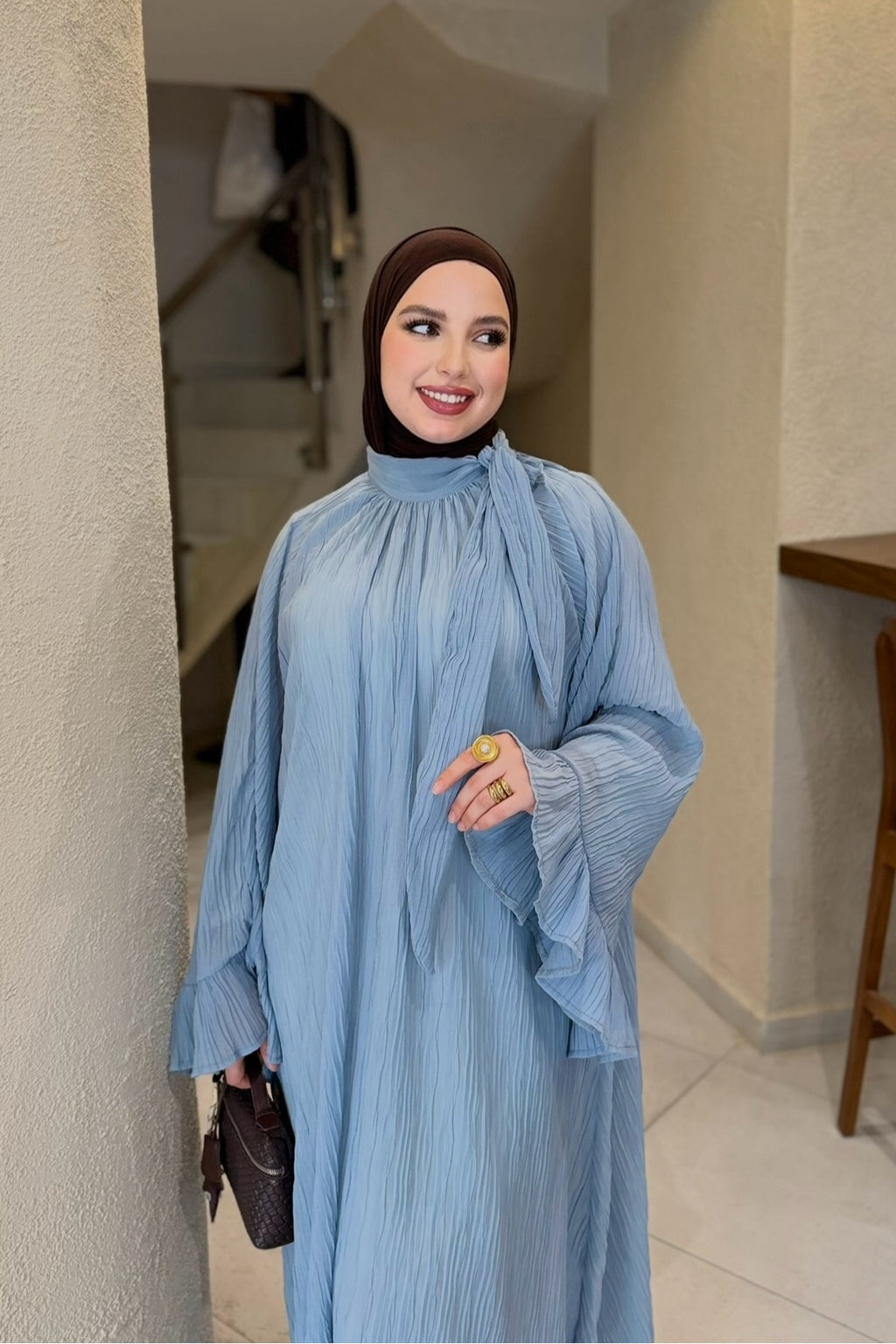 Rania Pleated Tie Neck Flare Sleeve Abaya-Blue