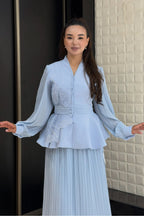 Elena Peplum Pleated Skirt Two Piece Set-Blue