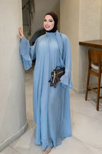Rania Pleated Tie Neck Flare Sleeve Abaya-Blue