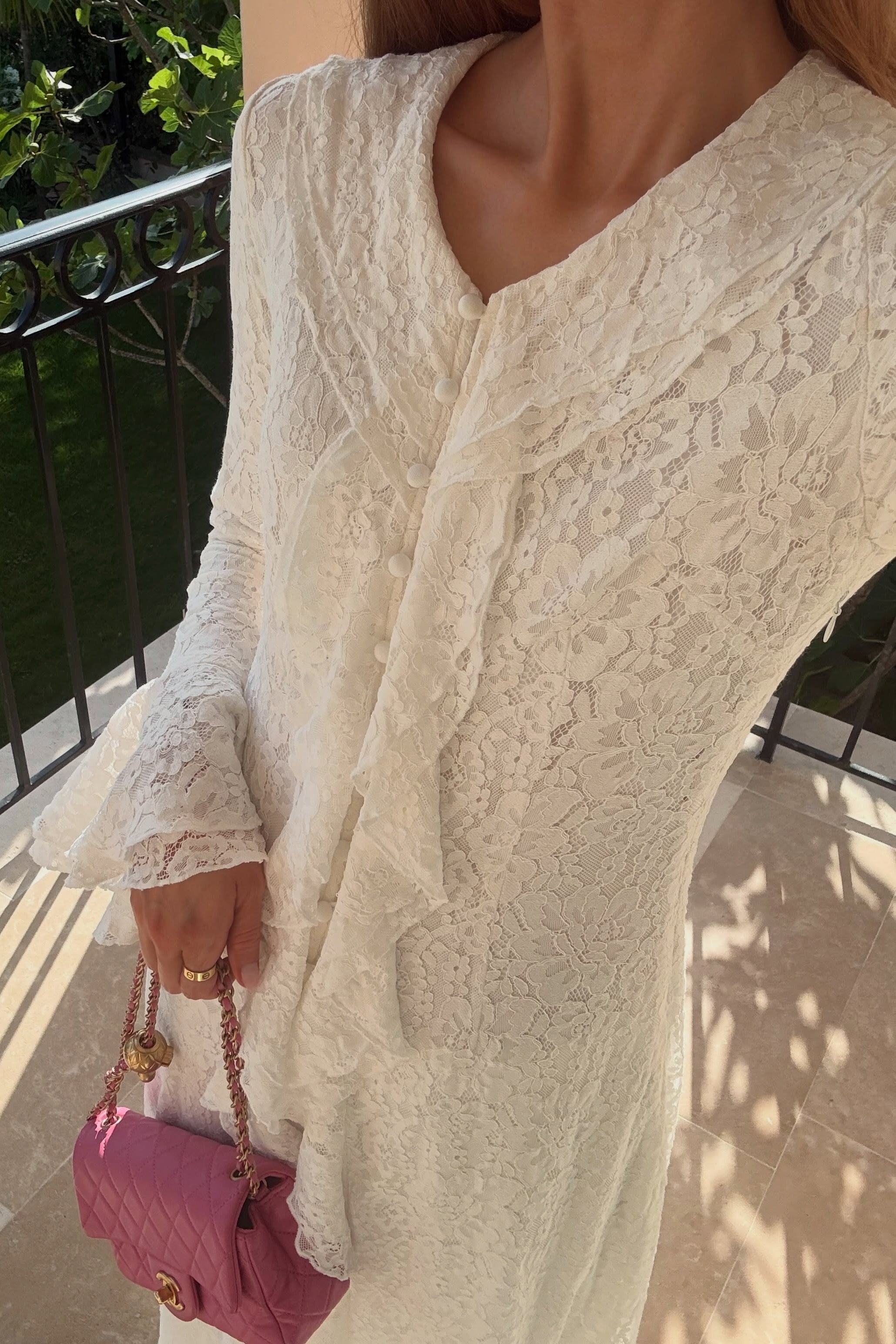 Zaral Ruffle Lace Flare Sleeve Maxi Dress